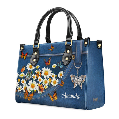 Stunning Daisy And Butterfly Leather Handbag HM422