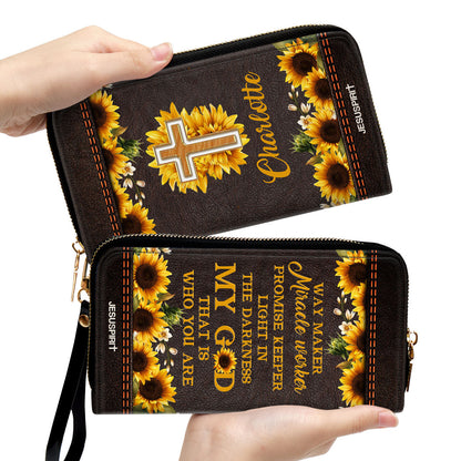 Jesuspirit | Personalized Sunflower Clutch Purse | Scripture Gifts For Christ Women | Way Maker And Miracle Worker HN147B