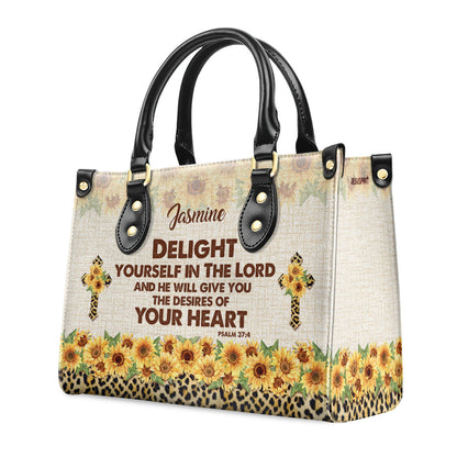 Jesuspirit | Personalized Leather Handbag With Handle | Delight Yourself In The Lord | Psalm 37:4 | Sunflower And Cross HN152