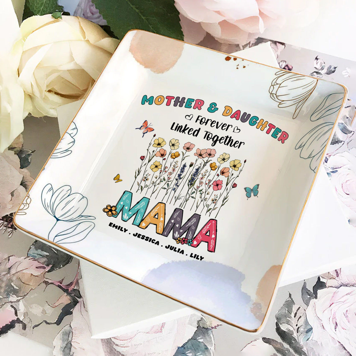 Mother & Daughters Forever Linked Together | Personalized Ceramic Ring Dish Square