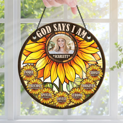 God Says I am Sunflower | Personalized Window Hanging Suncatcher JSWHSCHLT1617M