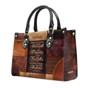 Jesuspirit | Personalized Leather Handbag With Zipper | She Is Clothed With Strength And Dignity And She Laughs Without Fear Of The Future LHBM790