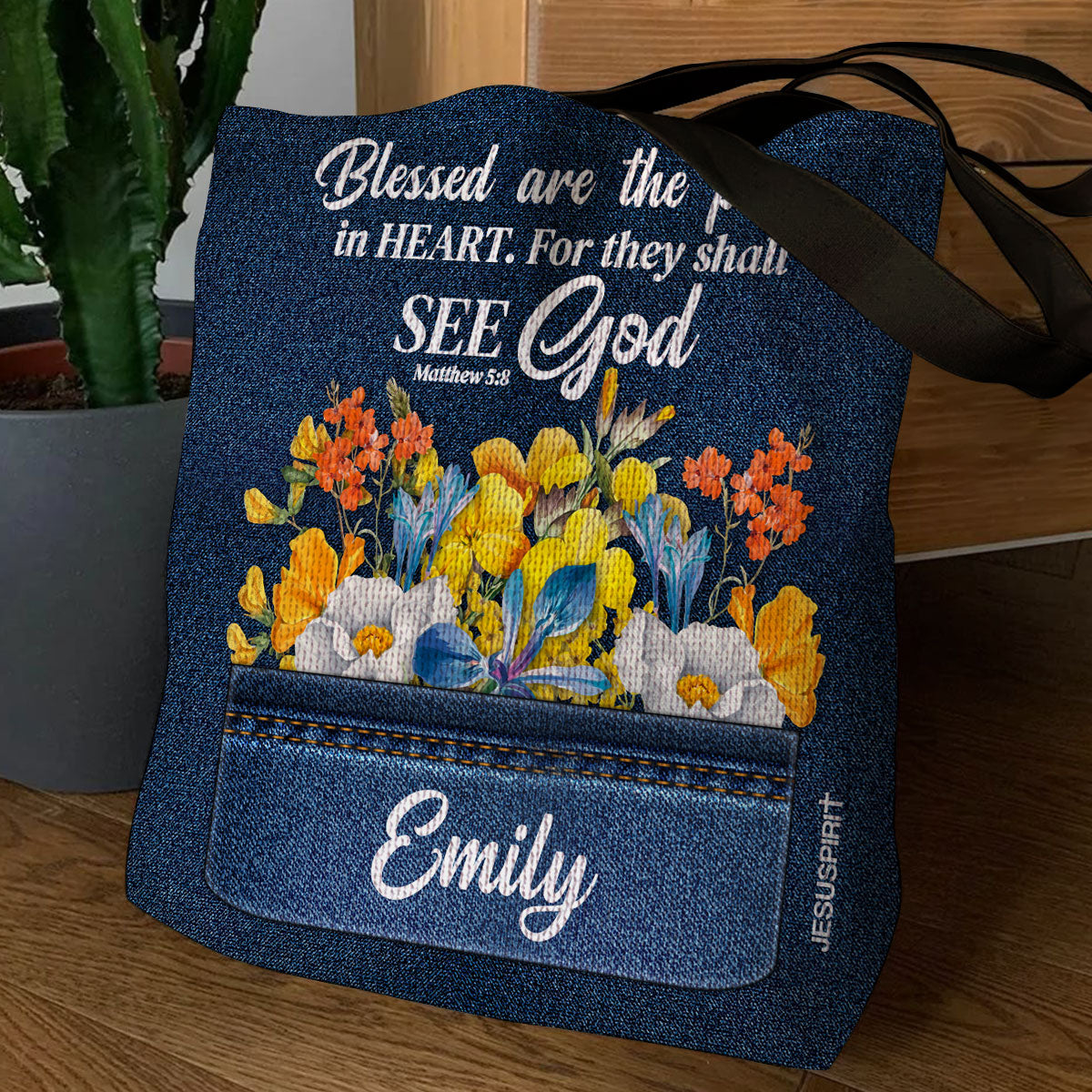Jesuspirit Personalized Tote Bag | Matthew 5:8 | Blessed Are The Pure In Heart | Scripture Gifts For Christian Women TBHN667