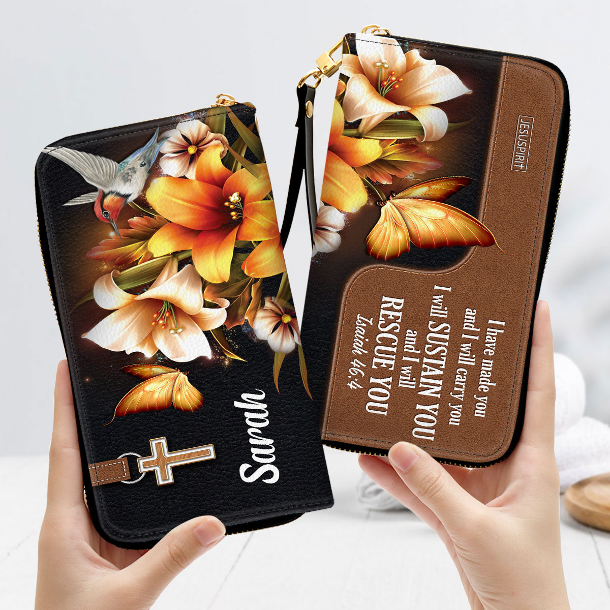 Jesuspirit | Isaiah 46:4 | I Will Sustain You And I Will Rescue You | Faith Gifts From God For Christ Women | Personalized Lily Zippered Leather Clutch Purse NUH294H