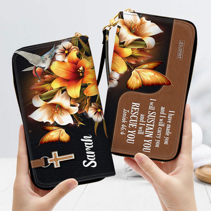Jesuspirit | Isaiah 46:4 | I Will Sustain You And I Will Rescue You | Faith Gifts From God For Christ Women | Personalized Lily Zippered Leather Clutch Purse NUH294H