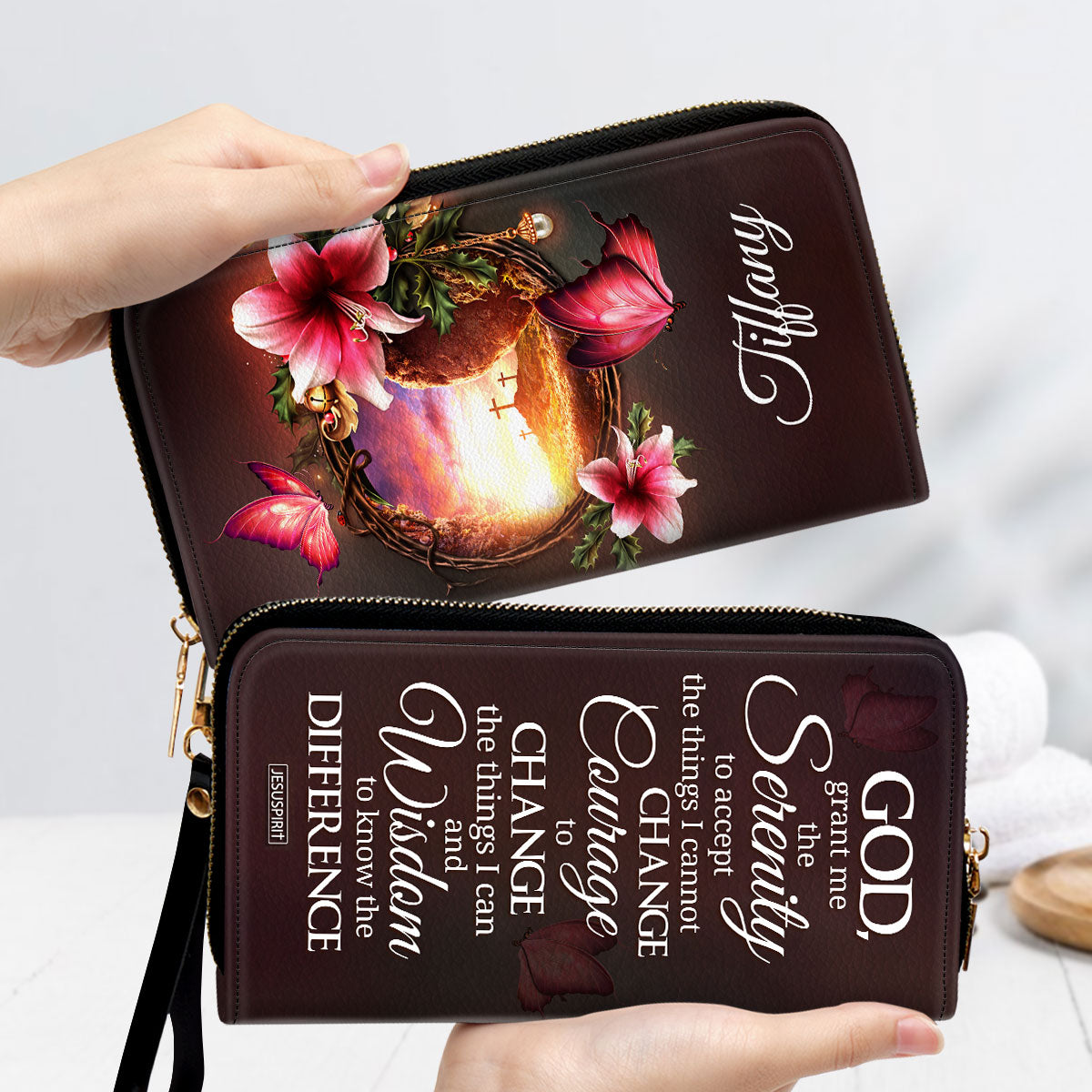 Jesuspirit | Spiritual Gifts For Christian Women | Personalized Zippered Leather Clutch Purse | God, Grant Me The Serenity To Accept The Things I Cannot Change NUH321H