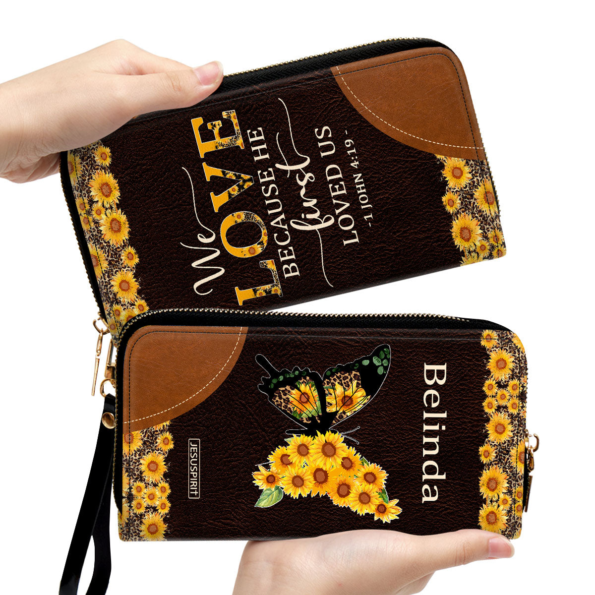 Jesuspirit | We Love Because He First Loved Us | 1 John 4:19 | Personalized Sunflower Zippered Leather Clutch Purse | Bible Verse Gifts For Religious Women NUM444C