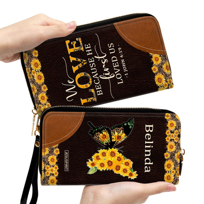Jesuspirit | We Love Because He First Loved Us | 1 John 4:19 | Personalized Sunflower Zippered Leather Clutch Purse | Bible Verse Gifts For Religious Women NUM444C