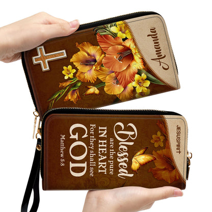 Jesuspirit | Matthew 5:8 | Blessed Are The Pure In Heart | Gifts For Christian Women | Personalized Zippered Leather Clutch Purse CPHN609B