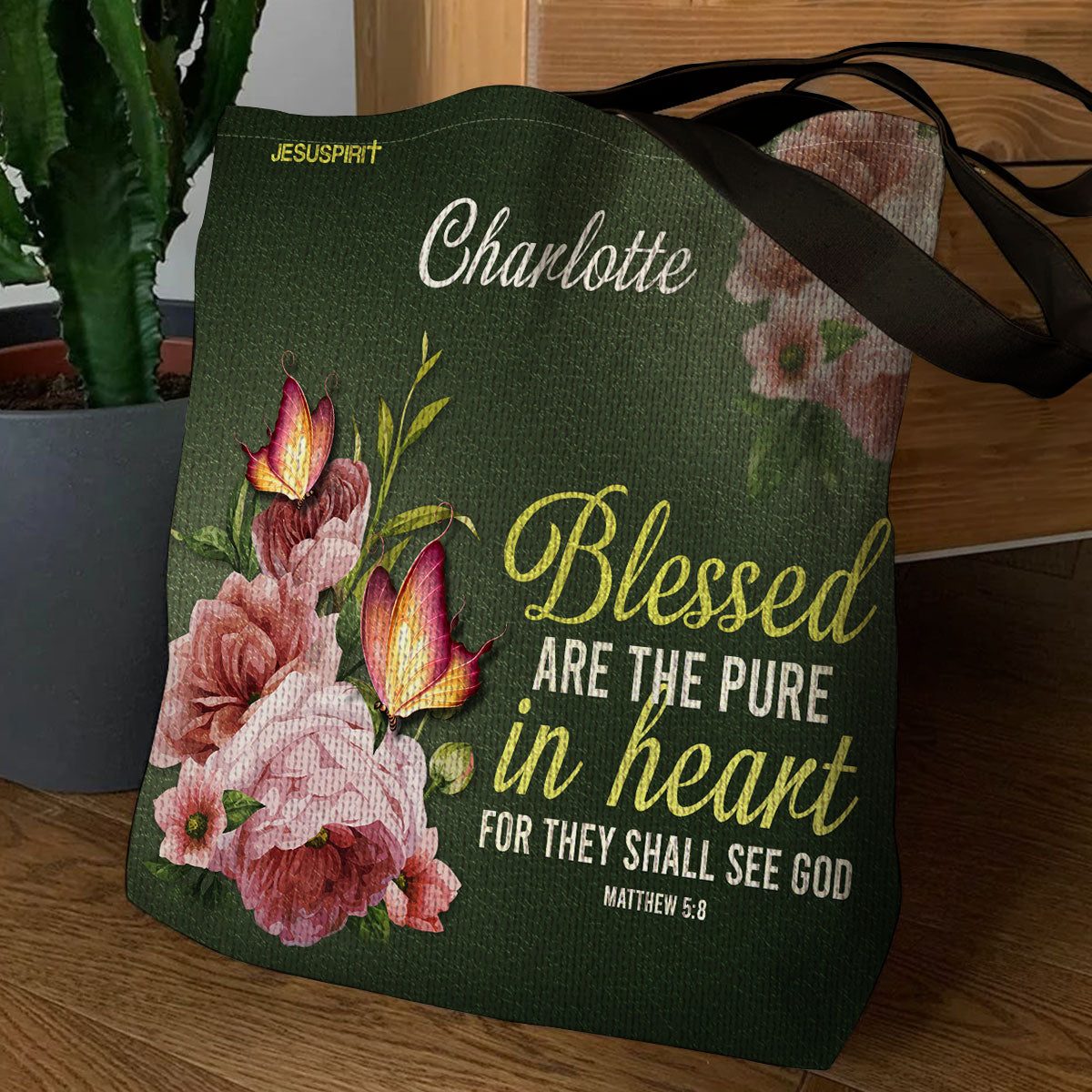 Jesuspirit Personalized Tote Bag | Religious Gifts For Women Of God | Blessed Are The Pure In Heart | Matthew 5:8 TBHN676