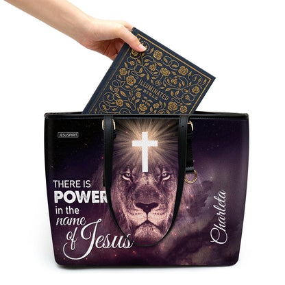 Special Personalized Lion Large Leather Tote Bag - There Is Power In The Name Of Jesus H01