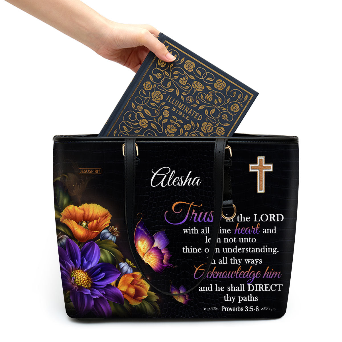 Jesuspirit Personalized Large Leather Tote Bag | Gift For Her | Zippered Leather Bible Bag With Long Strap H22