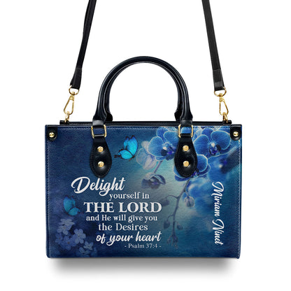 Jesuspirit | Personalized Leather Handbag | Delight Yourself In The Lord | Psalm 37:4 | Blue Orchids And Lilac H47