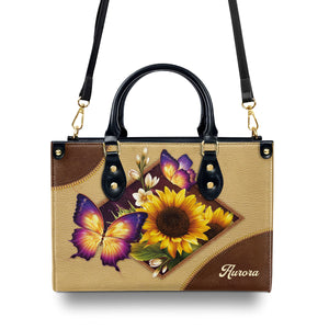 Pretty Personalized Sunflower And Butterfly Leather Handbag I04