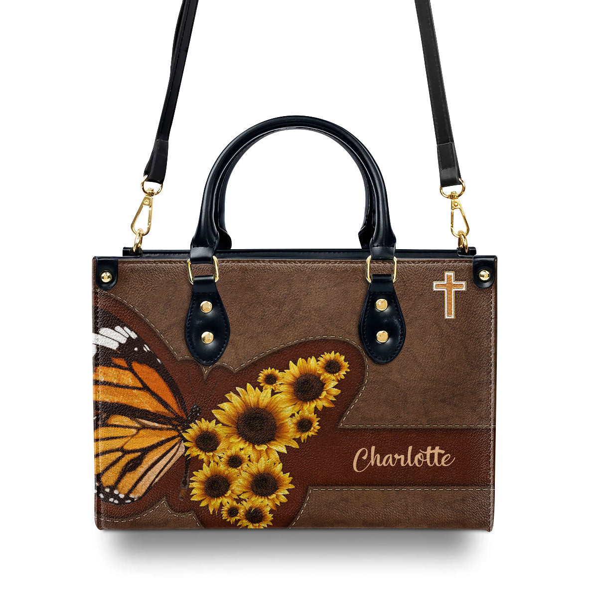 Jesuspirit | Personalized Sunflower Leather Handbag With Handle | Religious Gifts For Christian Women LHBHN653