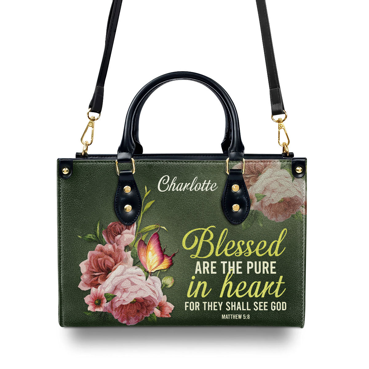 Jesuspirit | Christian Gifts For Women | Personalized Peony Leather Handbag With Handle | Blessed Are The Pure In Heart | Matthew 5:8 LHBHN676