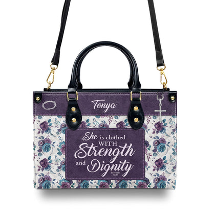 Jesuspirit | Proverbs 31:25 | Personalized Leather Handbag With Handle | She Is Clothed With Strength and Dignity | Religious Gift For Female Pastors LHBHN804