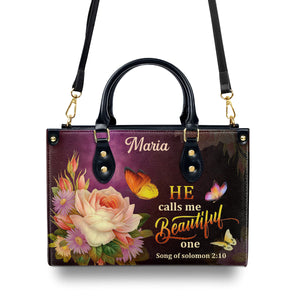 Jesuspirit | Personalized Leather Handbag With Handle | Solomon 2:10 | Flower And Butterfly | He Calls Me Beautiful One LHBMM676