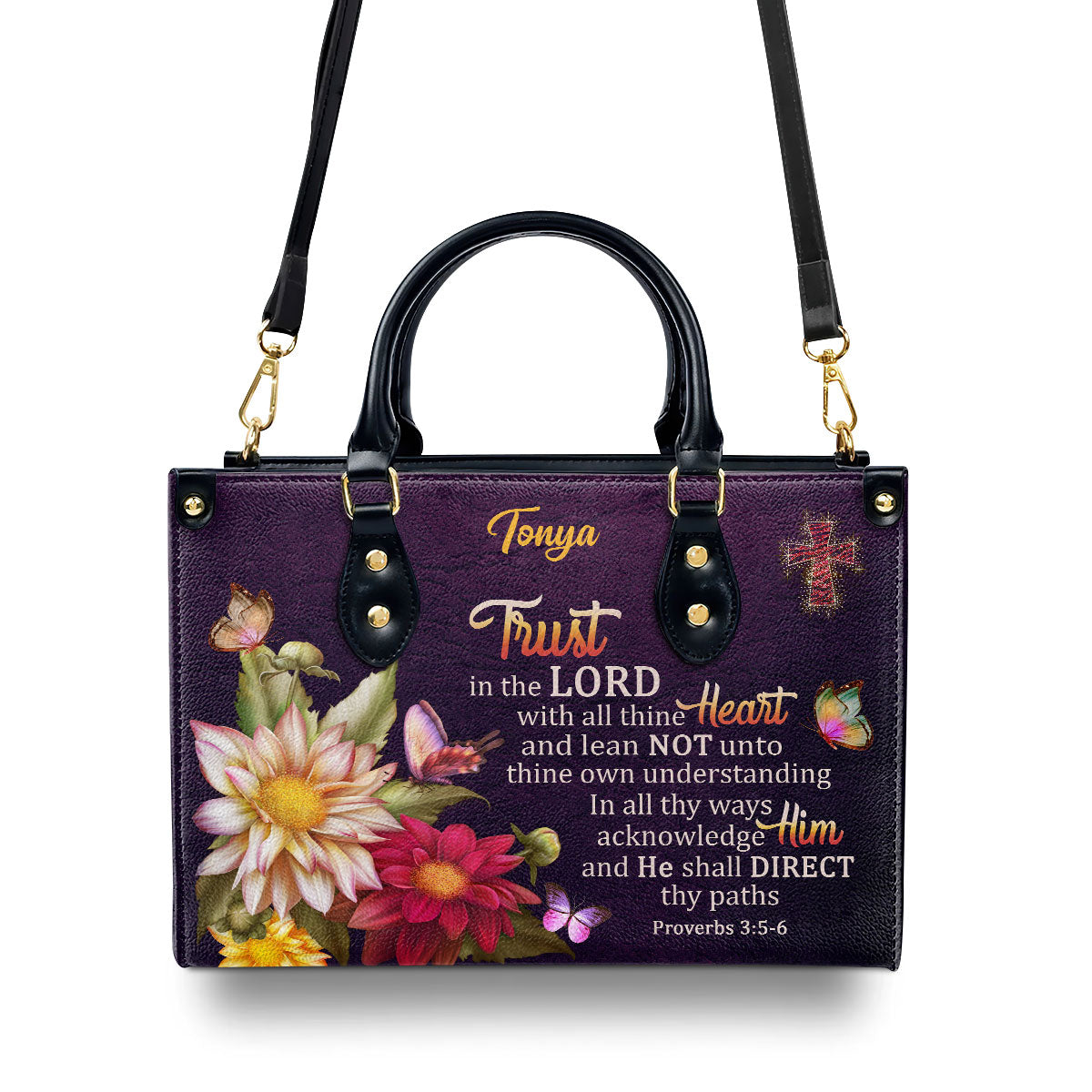 Jesuspirit | Proverbs 3:5-6 | Trust In The Lord With All Thine Heart | Flower And Cross | Personalized Leather Handbag LHBM677