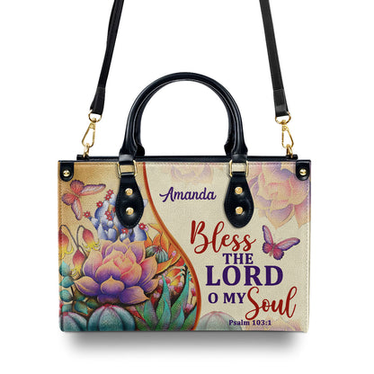 Jesuspirit | Bless The Lord O My Soul | Psalm 103:1 | Personalized Leather Handbag With Handle | Flower And Butterfly LHBM678