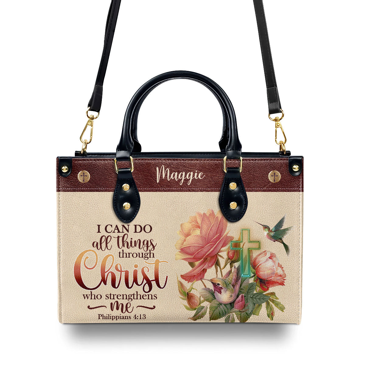 Jesuspirit | Personalized Leather Handbag | I Can Do All Things Through Christ | Philippians 4:13 | Humming Bird And Cross LHBM681