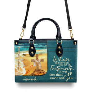 Jesuspirit | Personalized Leather Handbag With Long Strap | Footprints In The Sand | Special Gift For Christian Ladies LHBNUHN490