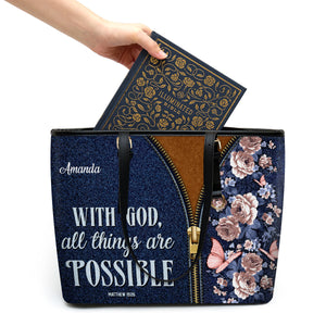 Jesuspirit | With God All Things Are Possible | Matthew 19:26 | Large Leather Tote Bag With Long Strap | Spiritual Gifts For Christian Women LLTBHN673