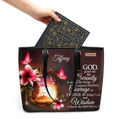 Personalized Large Leather Tote Bag - God, Grant Me The Serenity To Accept The Things I Cannot Change NUH321