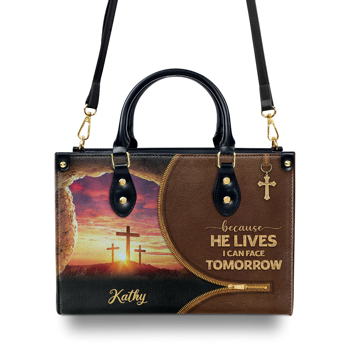 Beautiful Christian Leather Handbag - Because He Lives, I Can Face Tomorrow NUH267