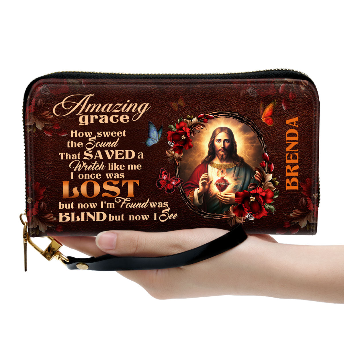 Jesuspirit | Butterfly And Flowers | Beautiful Personalized Leather Clutch Purse For Women |  Amazing Grace CPM740