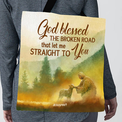 Jesuspirit | God Blessed The Broken Road | Meaningful Gift For Christians | Jesus And Lamb | Tote Bag HN149
