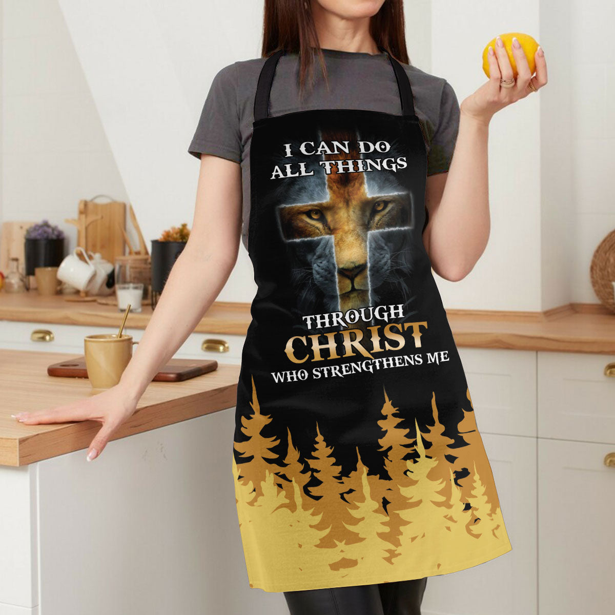 Jesuspirit | Philippians 4:13 | I Can Do All Things Through Christ | Lion And Cross | Personalized Apron With Tie Back Closure HN114