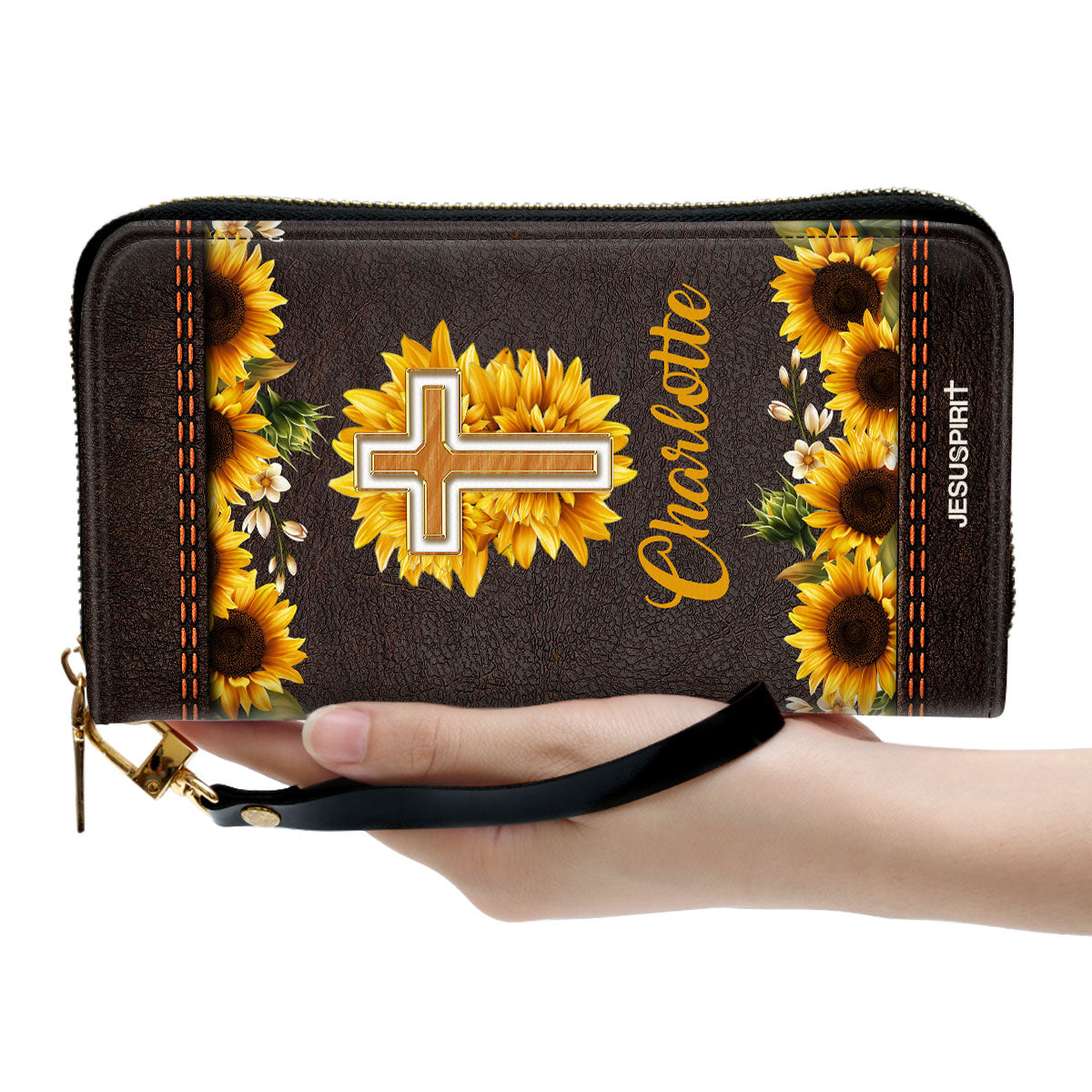 Jesuspirit | Personalized Sunflower Clutch Purse | Scripture Gifts For Christ Women | Way Maker And Miracle Worker HN147B