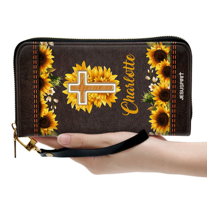Jesuspirit | Personalized Sunflower Clutch Purse | Scripture Gifts For Christ Women | Way Maker And Miracle Worker HN147B