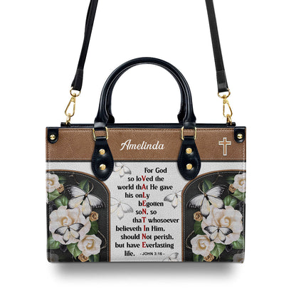 Jesuspirit | Personalized Leather Handbag | Christian Valentines Day Ideas | John 3:16 | For God So Loved The World | Bible Verse Spiritual Gifts LHBH832