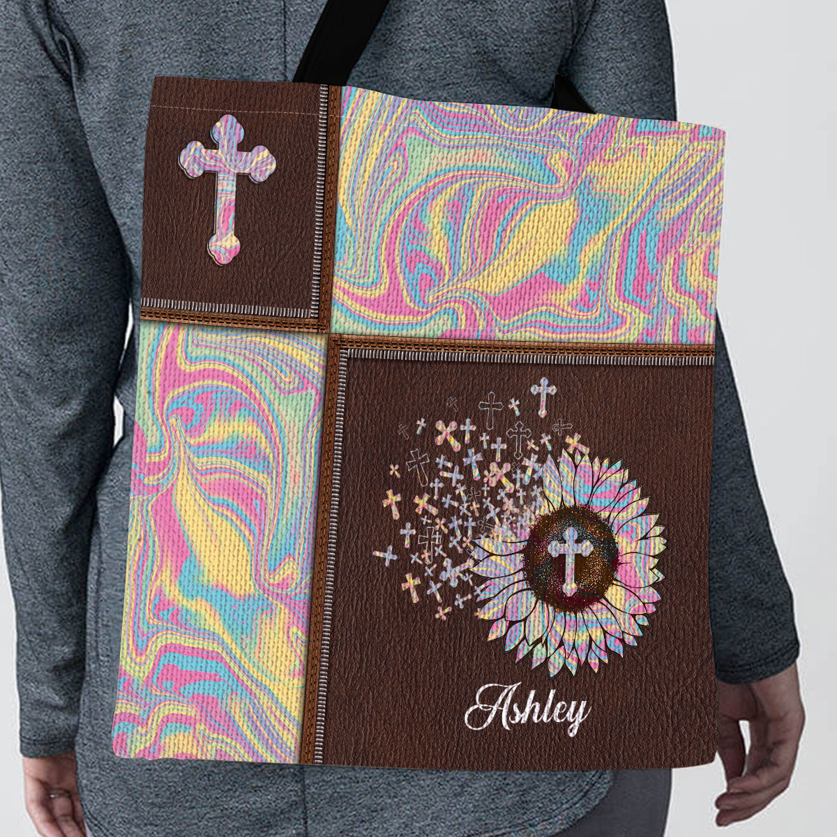 Pretty Personalized Flower And Cross Tote Bag NM149