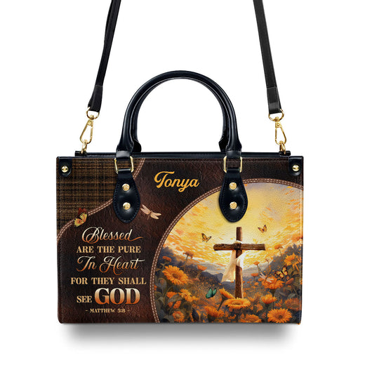 Jesuspirit | Personalized Zippered Leather Handbag With Handle | Religious Gift For Worship Friends | Blessed Are The Pure LHBM763