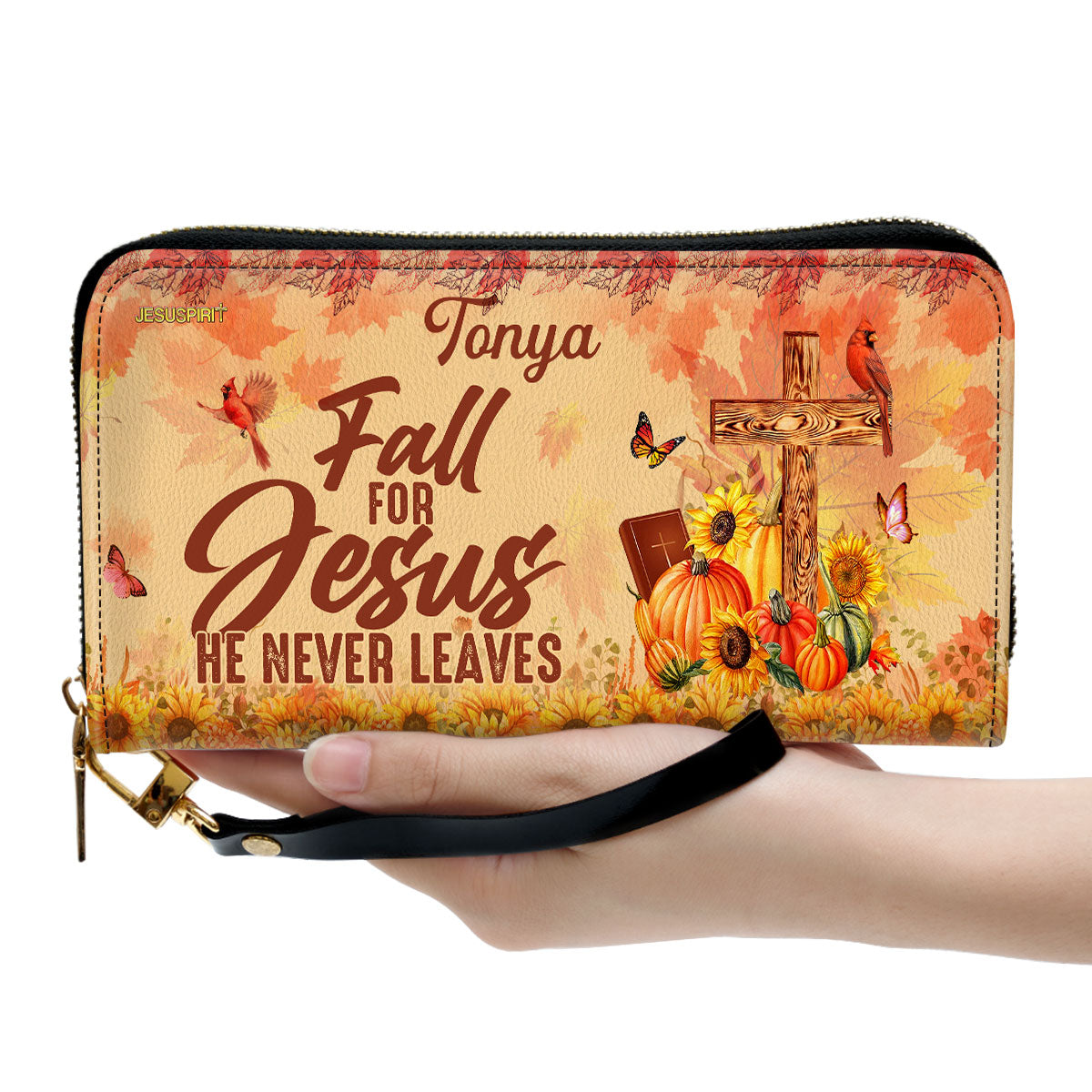 Personalized Leather Clutch Purse | Fall For Jesus He Never Leaves