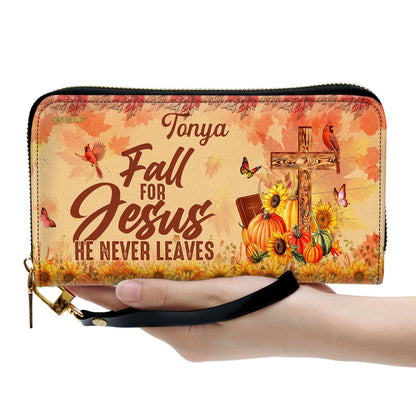 Personalized Leather Clutch Purse | Fall For Jesus He Never Leaves