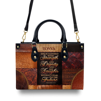 Jesuspirit | Personalized Leather Handbag With Zipper | She Is Clothed With Strength And Dignity And She Laughs Without Fear Of The Future LHBM790