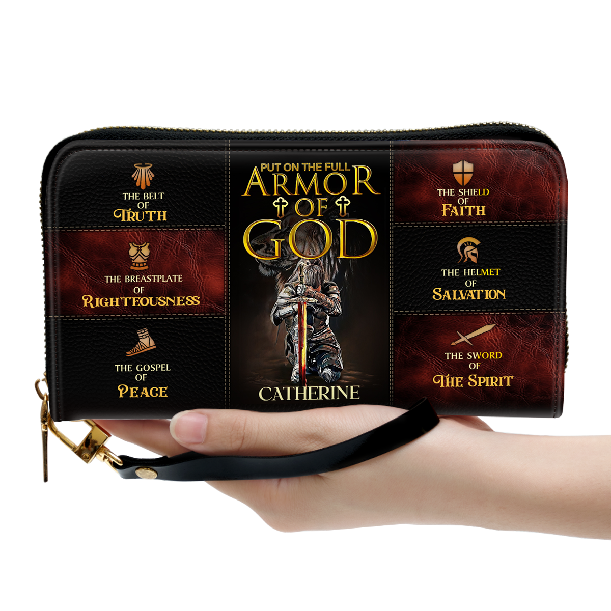 Jesuspirit | Personalized Leather Clutch Purse With Wristlet Strap Handle | Spiritual Gifts For Christian Women | Armor Of God CPM777