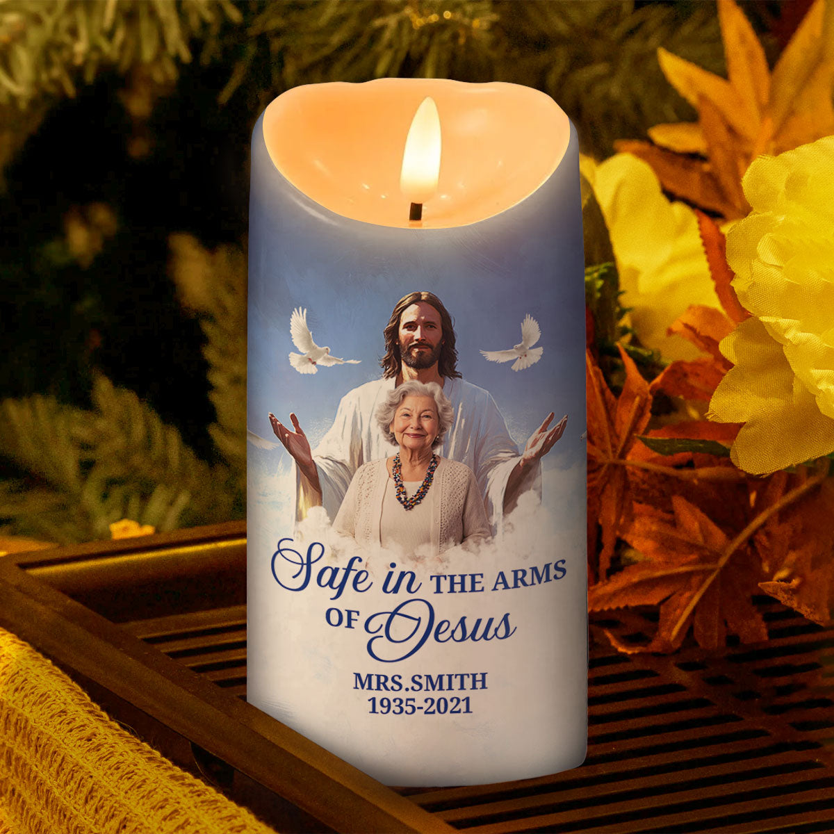 Safe In The Arms Of Jesus | Personalized Flameless LED Candle