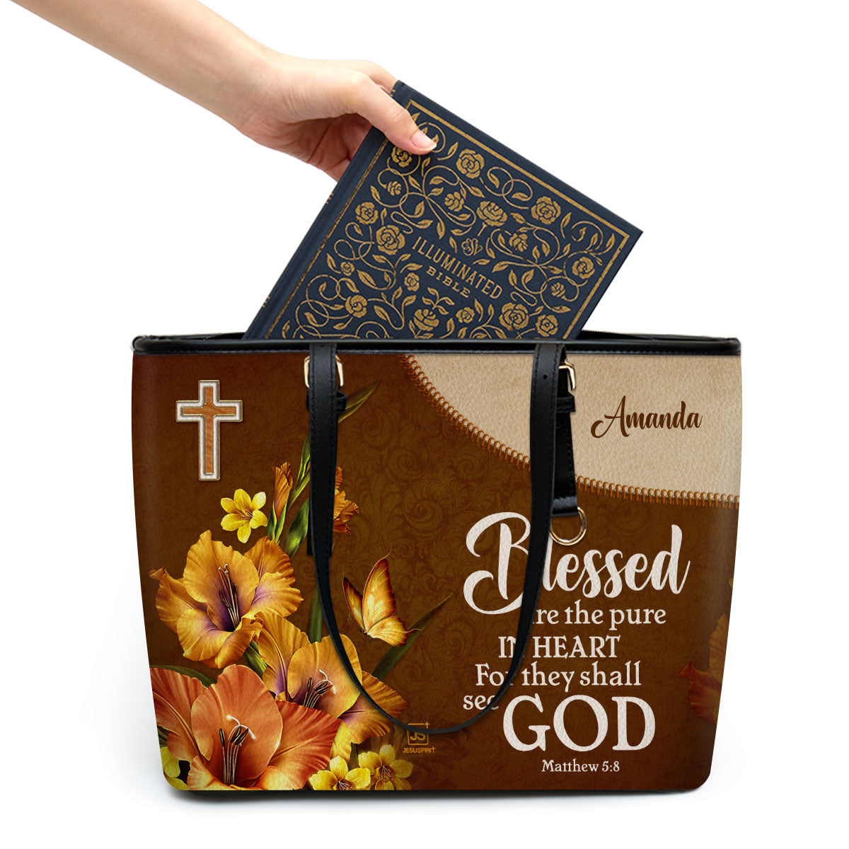 Jesuspirit | Matthew 5:8 | Blessed Are The Pure In Heart | Personalized Large Leather Tote Bag | Flower And Butterfly LLTBHN609