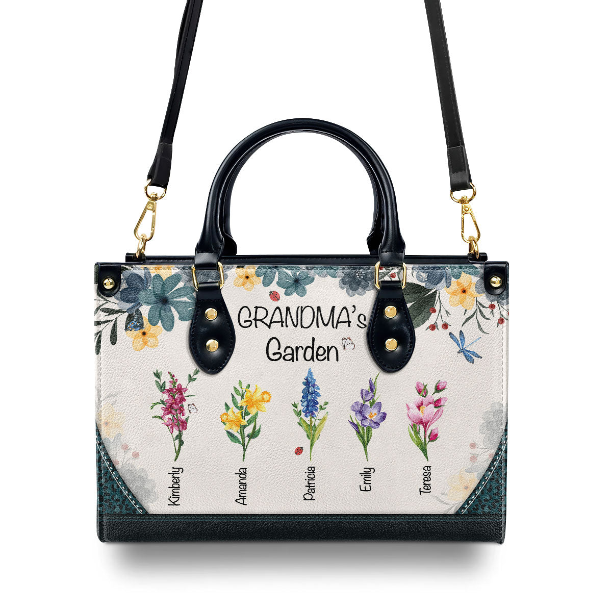 Grandma's Garden | Personalized Leather Handbag With Zipper LHBHN04