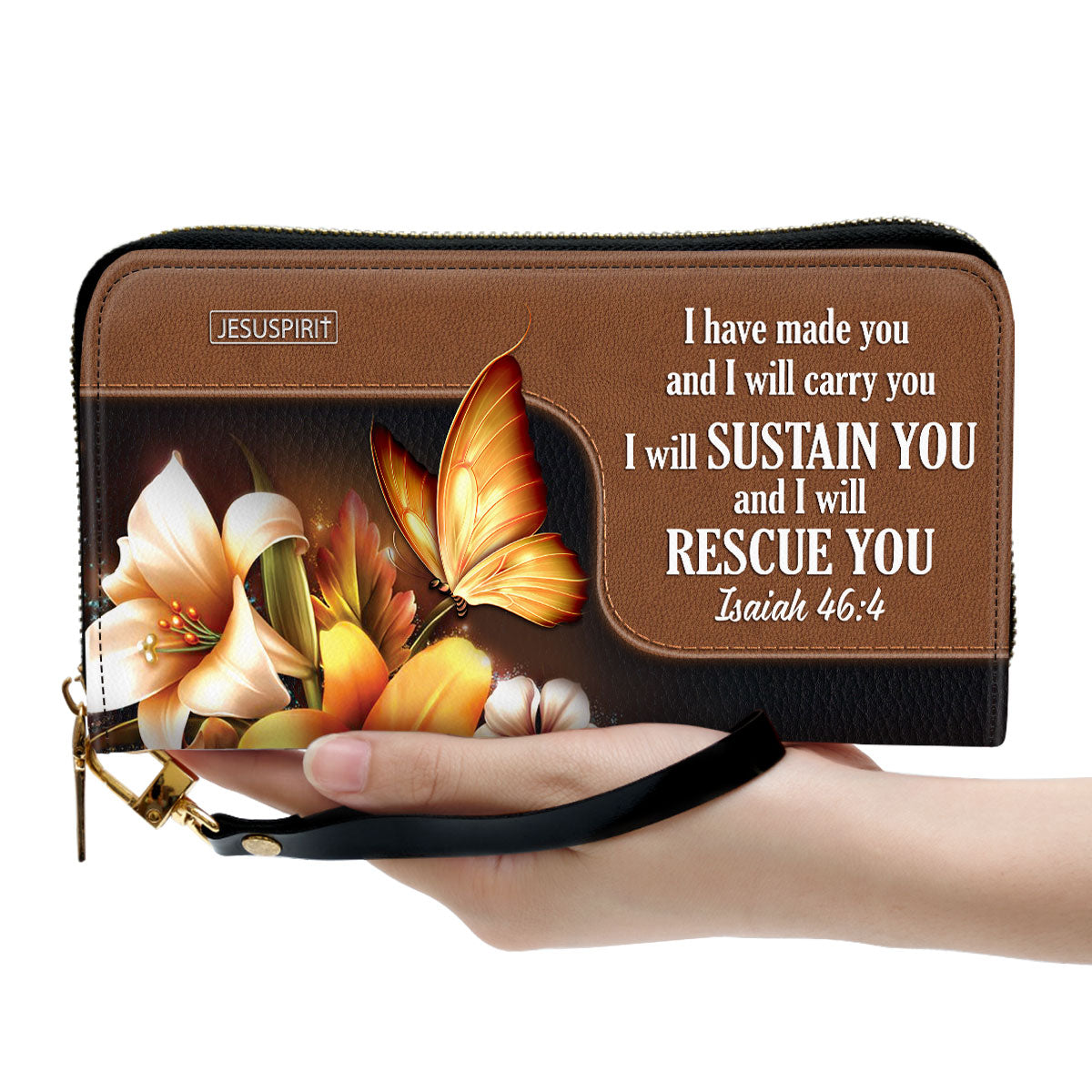 Jesuspirit | Isaiah 46:4 | I Will Sustain You And I Will Rescue You | Faith Gifts From God For Christ Women | Personalized Lily Zippered Leather Clutch Purse NUH294H