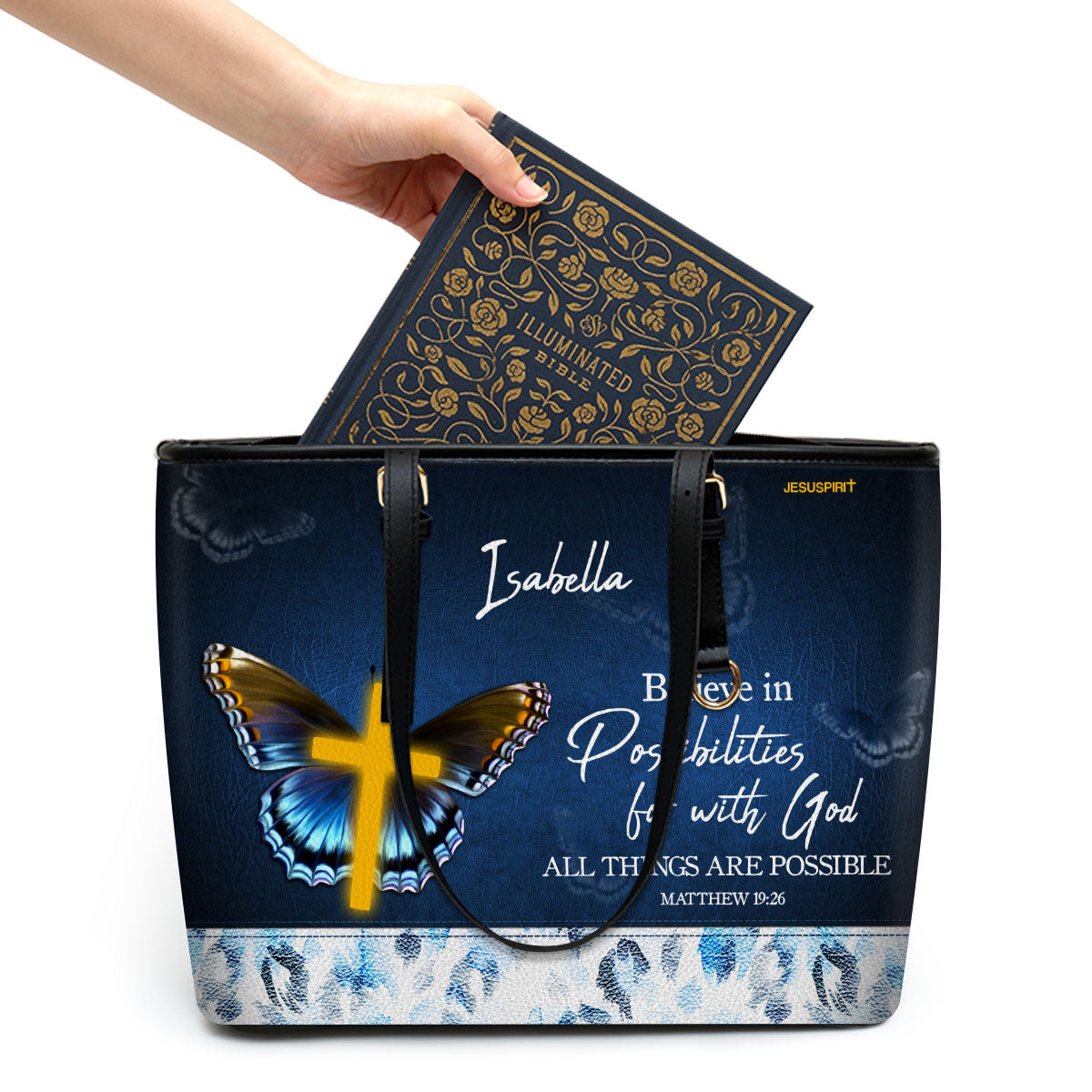 Jesuspirit | Personalized Large Leather Tote Bag With Long Strap | Matthew 19:26 | Christian Gifts For Religious Women | With God All Things Are Possible LLTBHN668