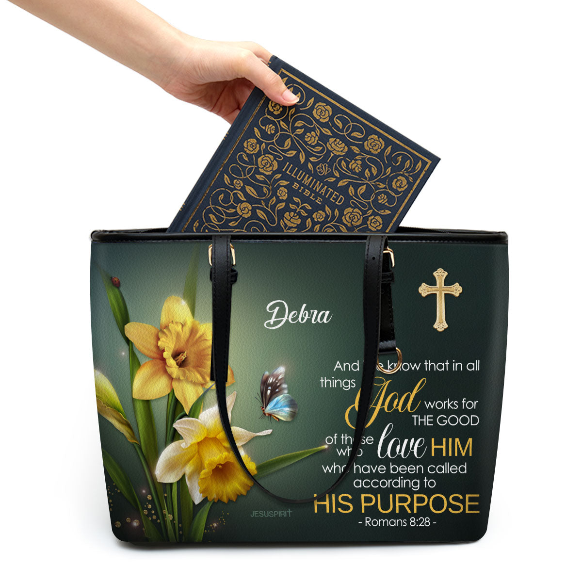 Jesuspirit | Romans 8:28 | Spiritual Gifts For Christian Women | Personalized Large Leather Tote Bag With Long Strap LLTBH741