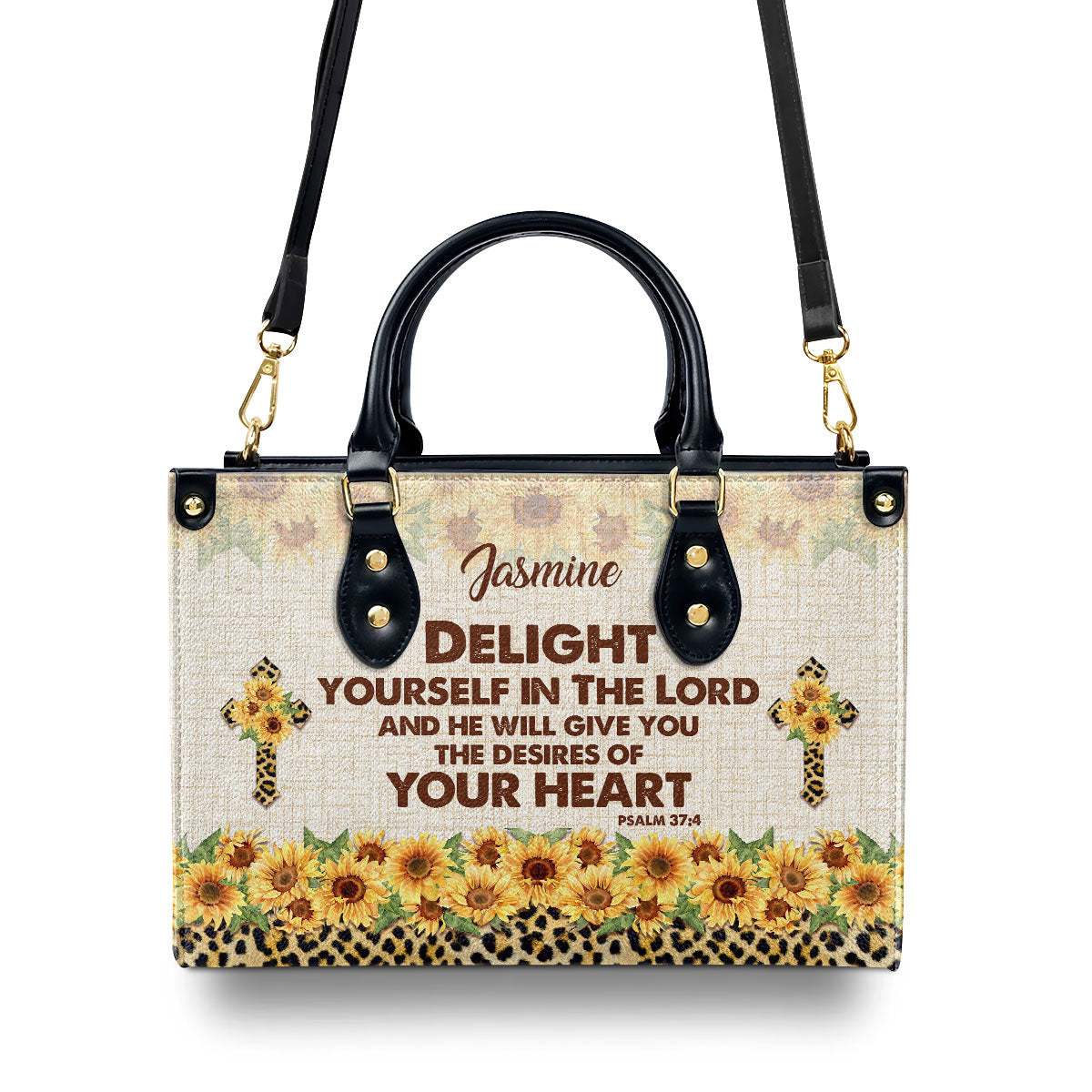 Jesuspirit | Personalized Leather Handbag With Handle | Delight Yourself In The Lord | Psalm 37:4 | Sunflower And Cross HN152