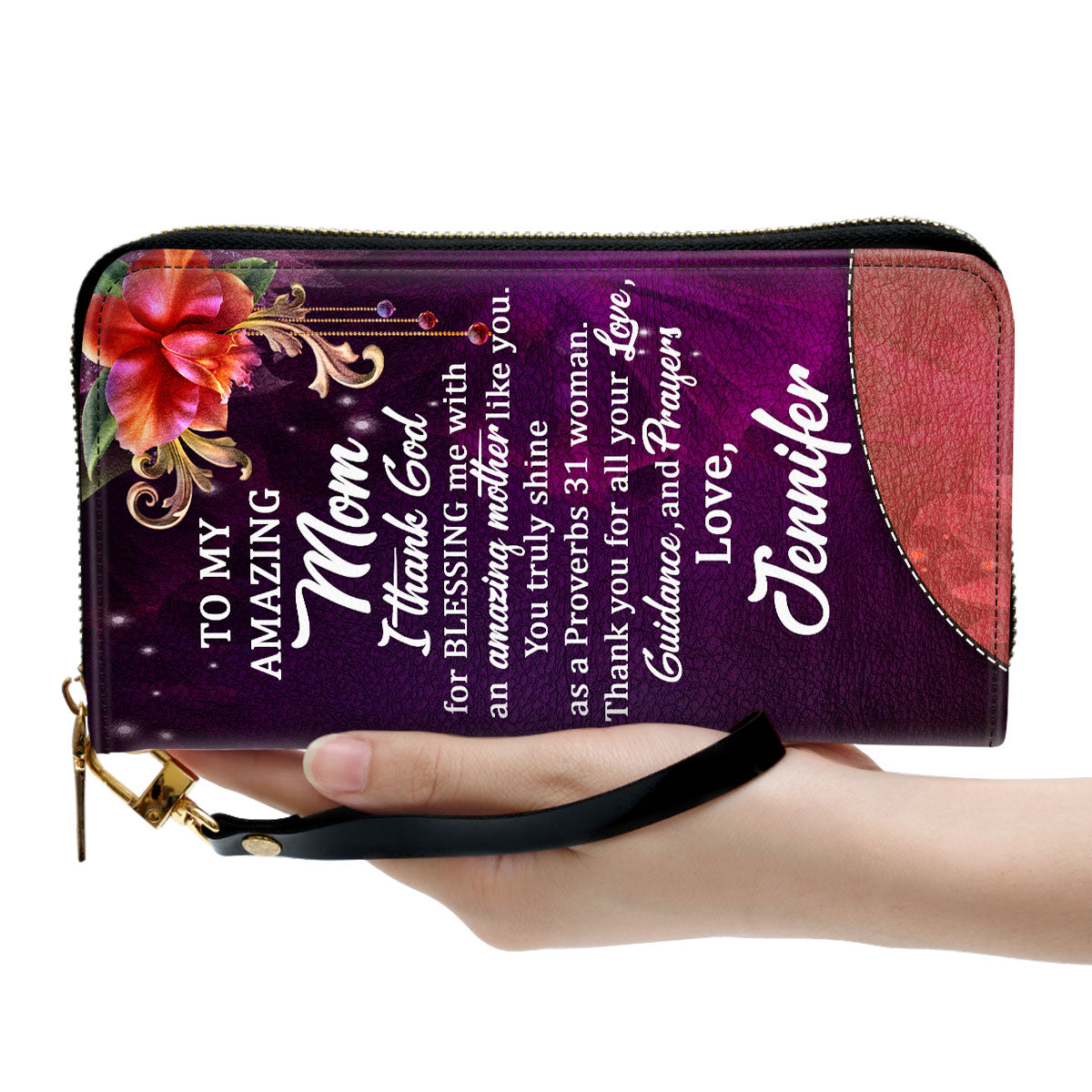 Jesuspirit | Unique Religious Gifts For Christian Mothers | Personalized Zippered Leather Clutch Purse | Strength And Honor Are Her Clothing NUM384C