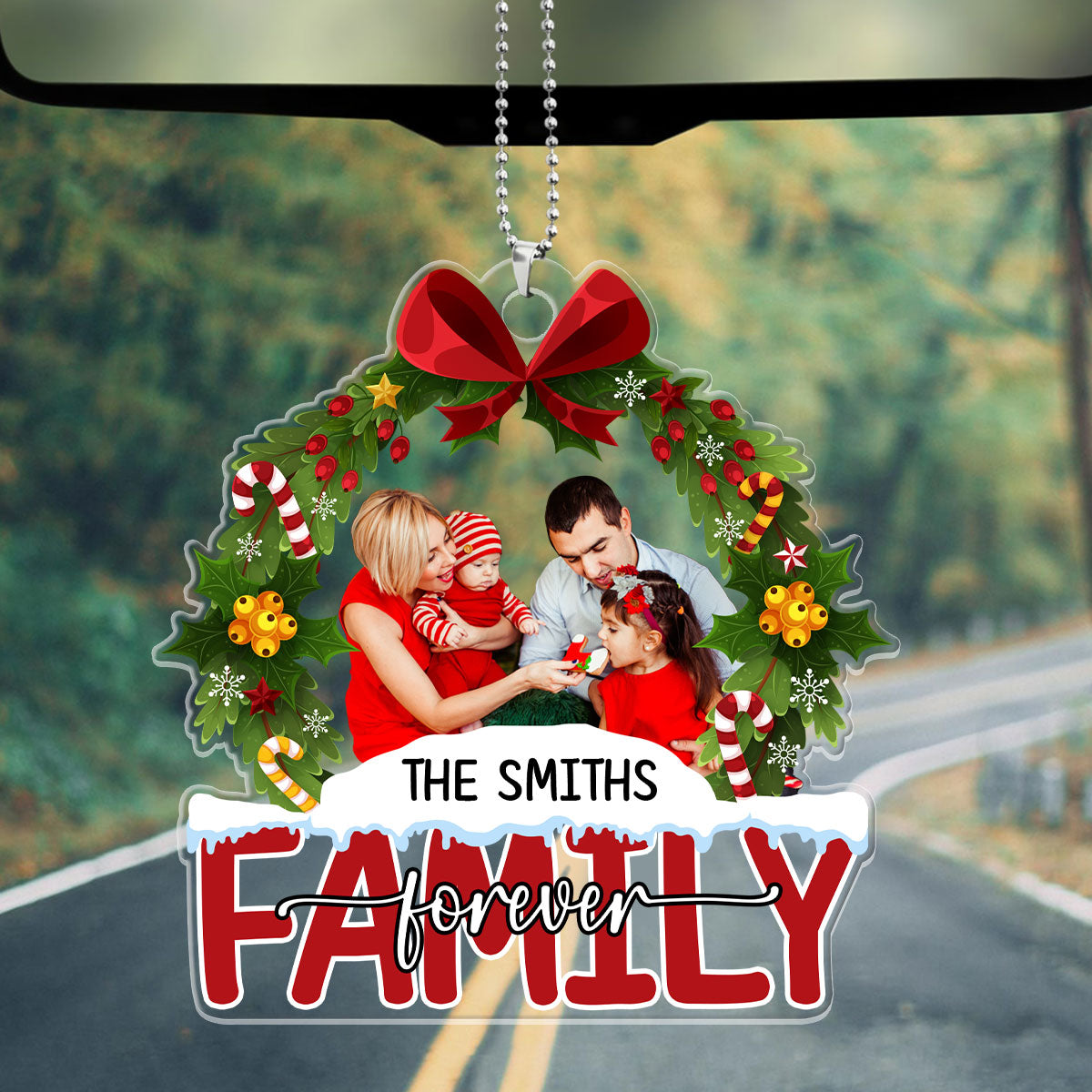 Christmas Wreath Family Forever | Personalized 1-Side Car Acrylic Hanging Ornament JSUPCHOPHN2103M